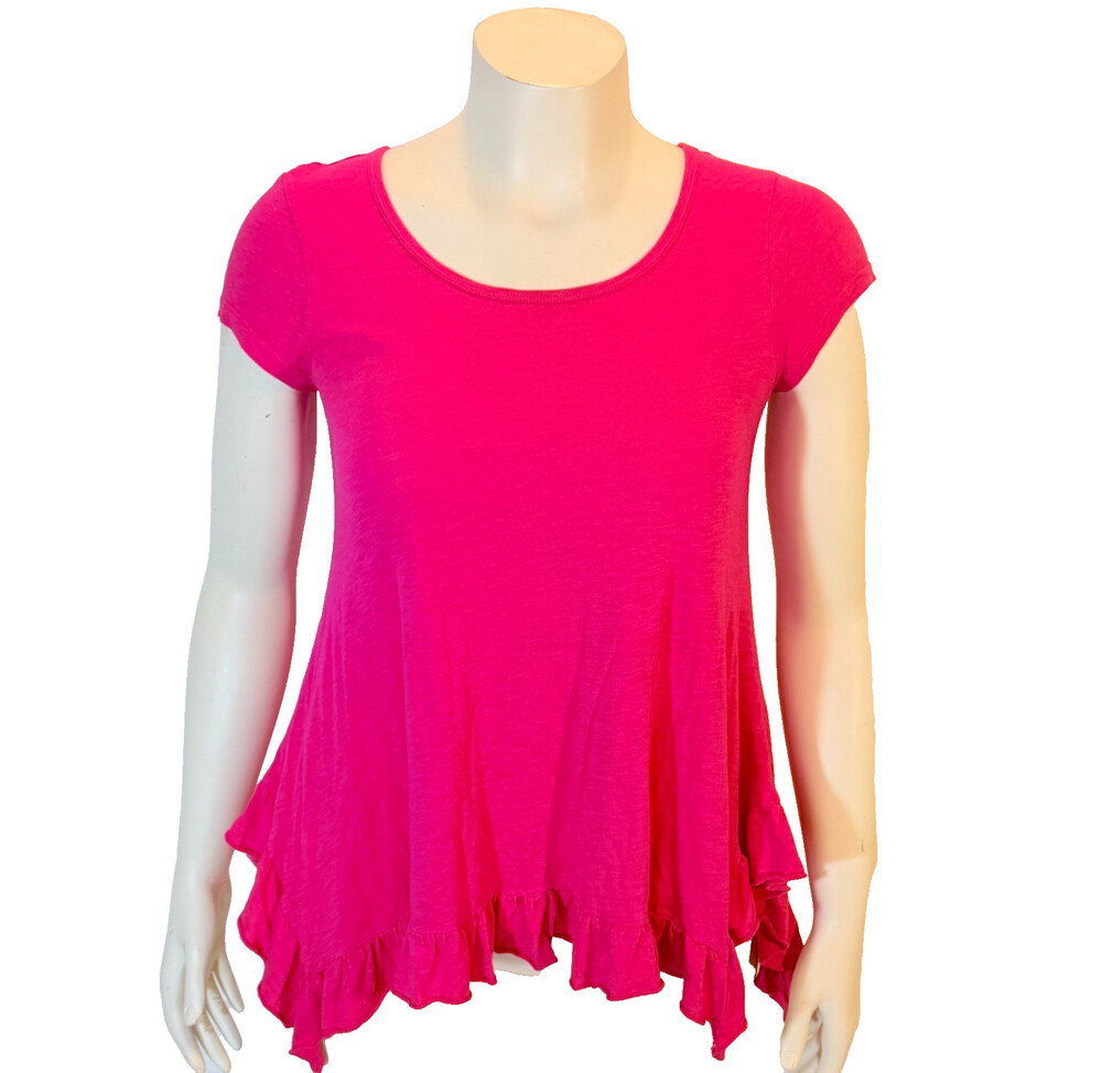 Cupio Short Sleeve Top Women's L Coral Red Scoop Neck Flared Ruffle Flounce Hem